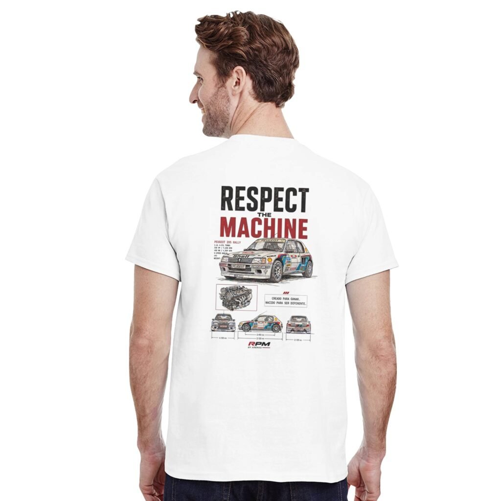 Camiseta Peugeot 205 Rallye con ilustración tipo plano técnico – vista frontal | Respect The Machine