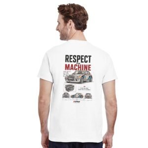 Camiseta Peugeot 205 Rallye con ilustración tipo plano técnico – vista frontal | Respect The Machine