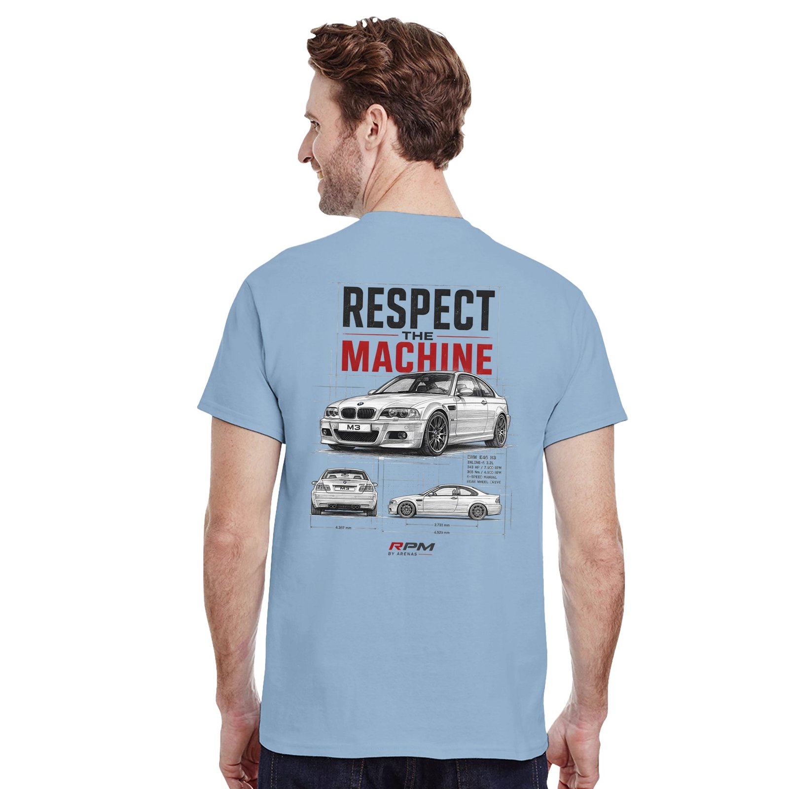 Camiseta BMW M3 E46 con ilustración tipo plano técnico – detalle del estampado | Respect The Machine