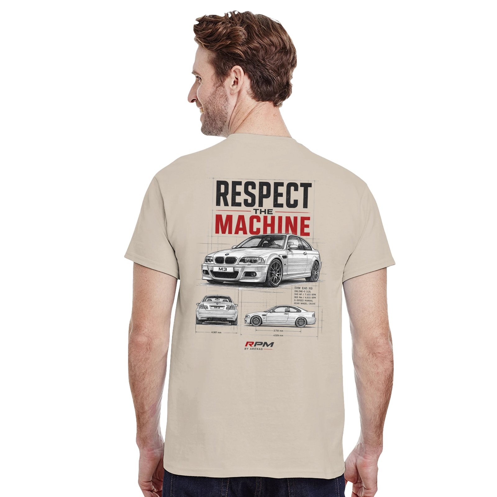 Camiseta BMW M3 E46 con ilustración tipo plano técnico – vista trasera | Respect The Machine