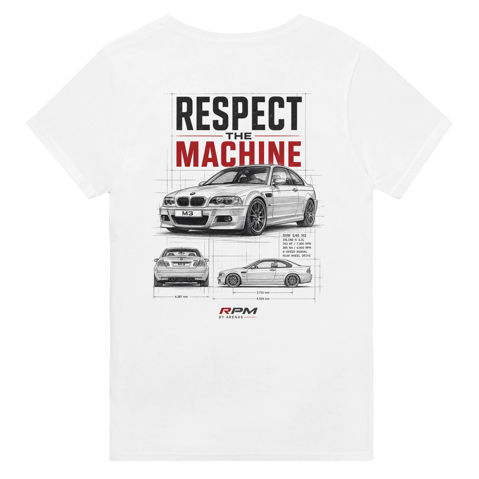 Camiseta BMW M3 E46 con ilustración tipo plano técnico – vista frontal | Respect The Machine