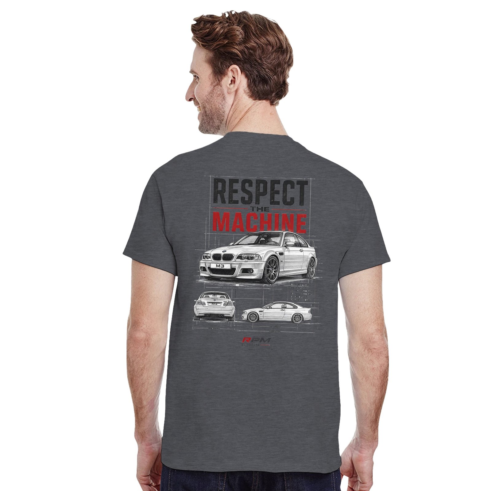 Camiseta BMW M3 E46 con ilustración tipo plano técnico – sobre fondo neutro | Respect The Machine