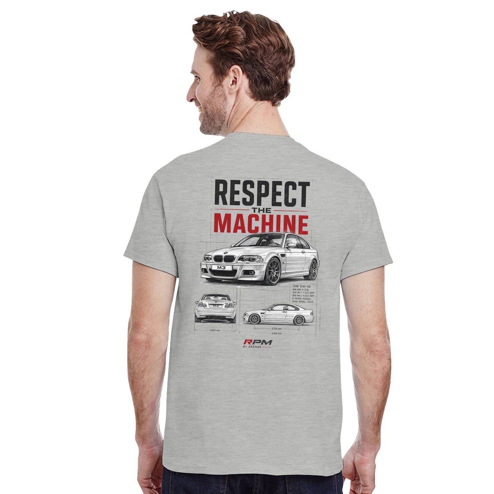 Camiseta BMW M3 E46 con ilustración tipo plano técnico – vista frontal | Respect The Machine
