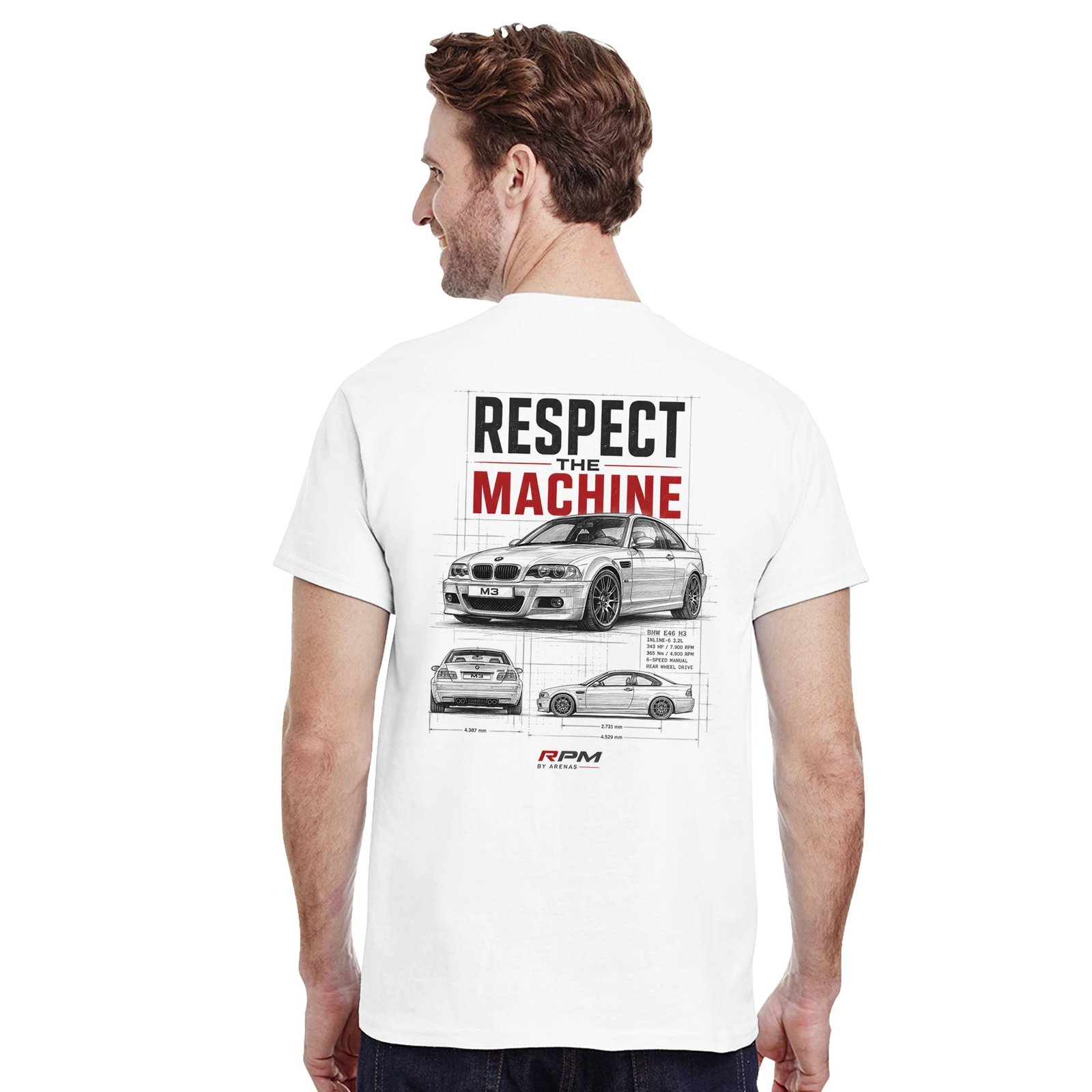 Camiseta BMW M3 E46 con ilustración tipo plano técnico – vista frontal | Respect The Machine